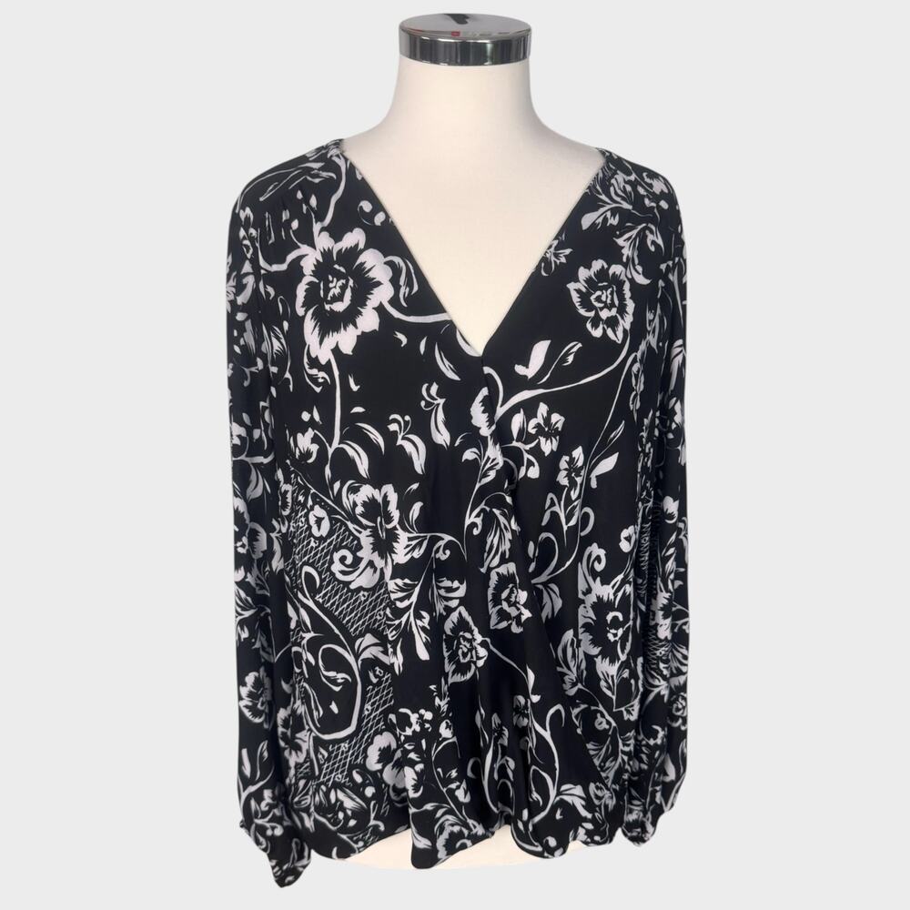 I.N.C International Concepts Womens Large Black White Floral V Neck Blouse